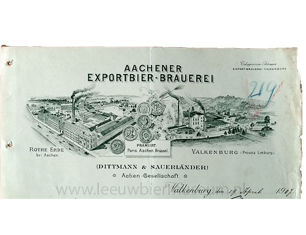 Briefhoofd Aachener export bierbrauerei 1907
